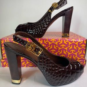 Tory Burch Brown Allison Croc Embossed Patent Leather Slingback Peep Toe Pumps